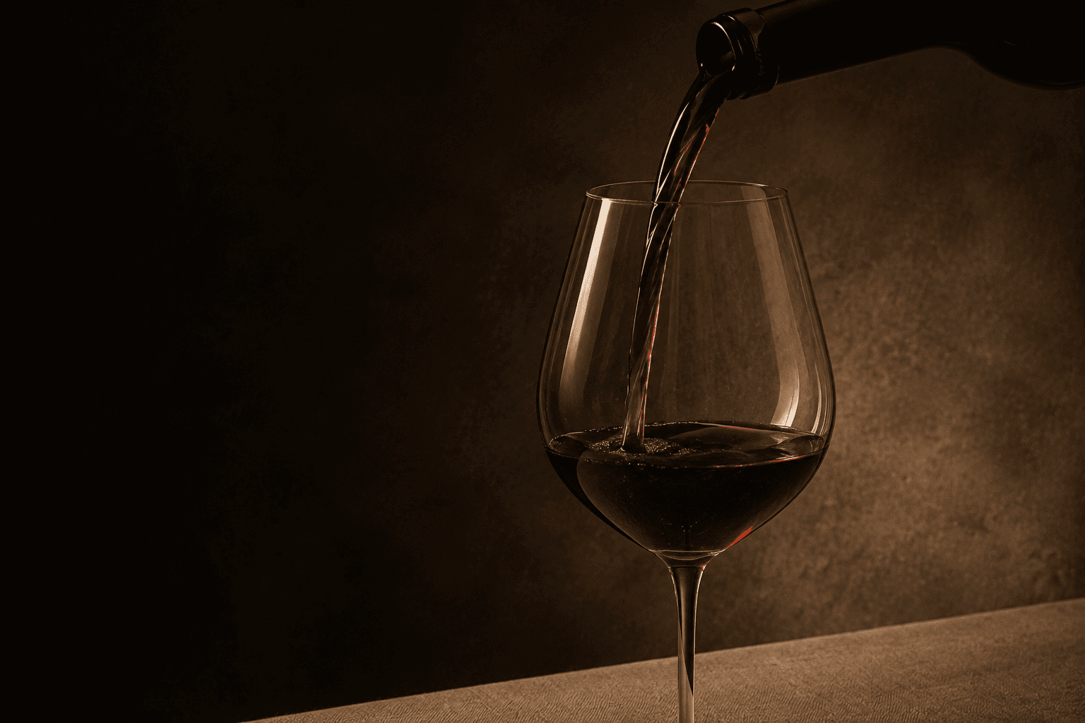 Red wine being poured from an unlabelled bottle into a glass.