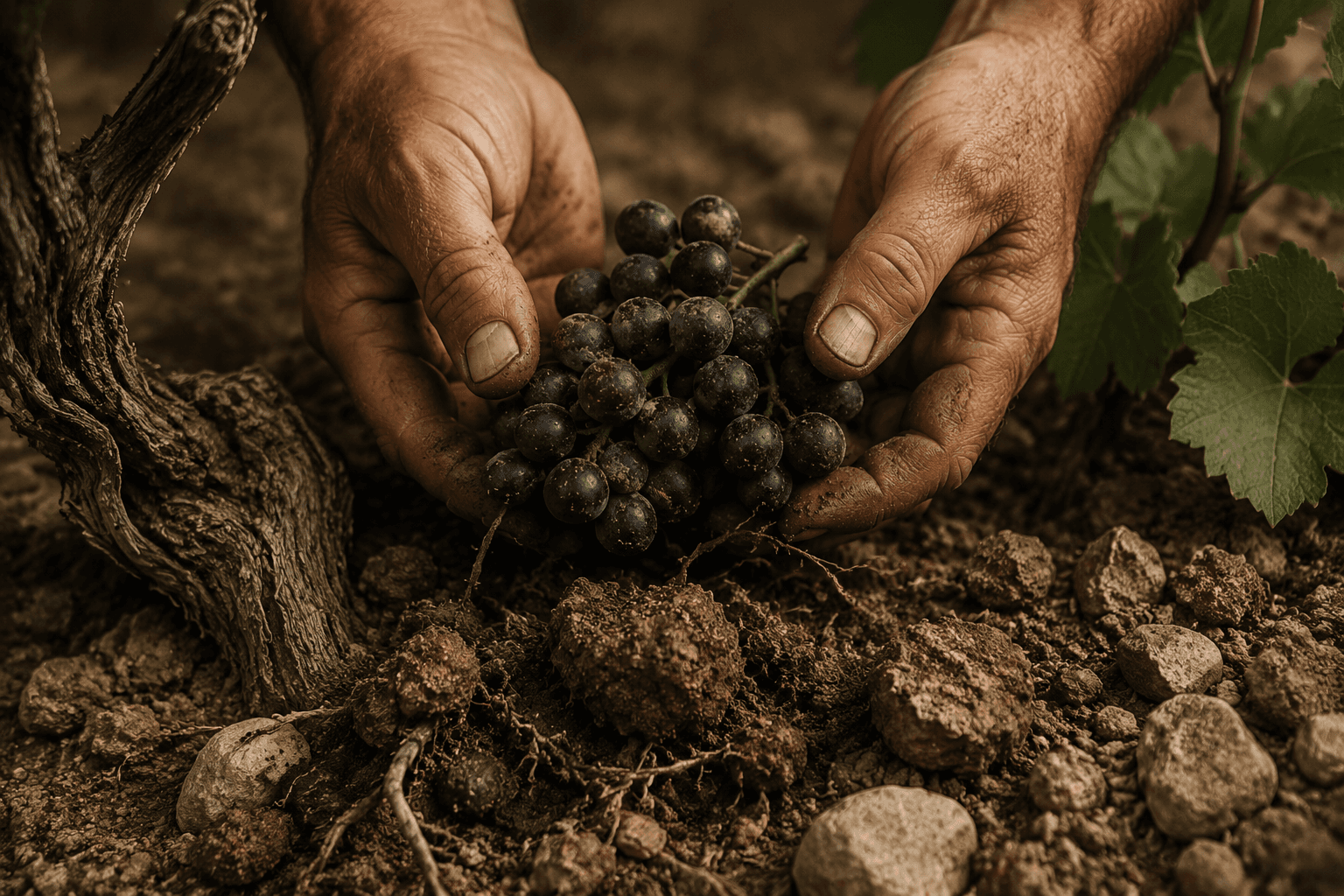 Hands holding a bunch of dark grapes above vineyard soil beside an old vine.