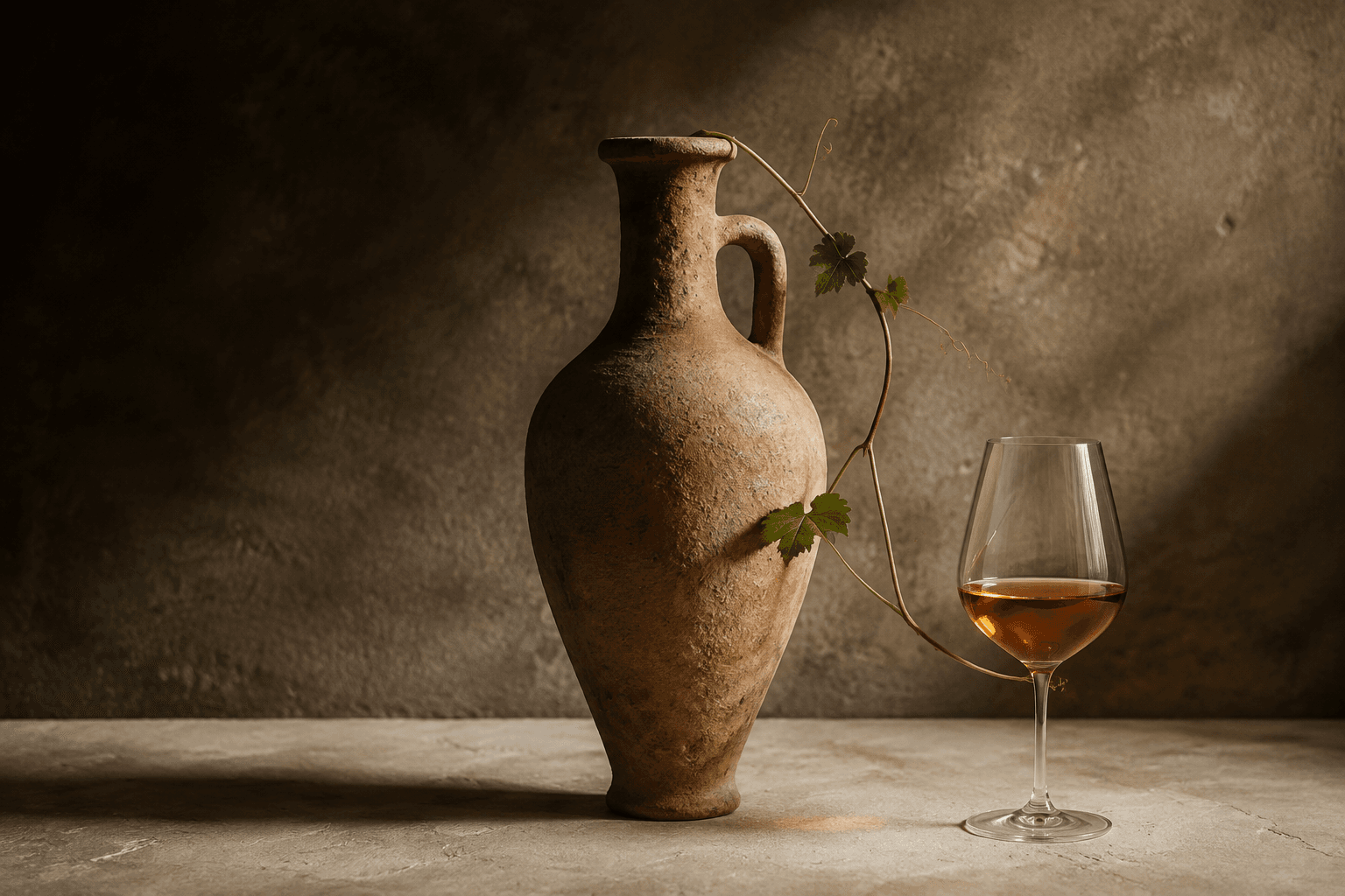 A clay amphora and a glass of amber wine standing on a stone surface.