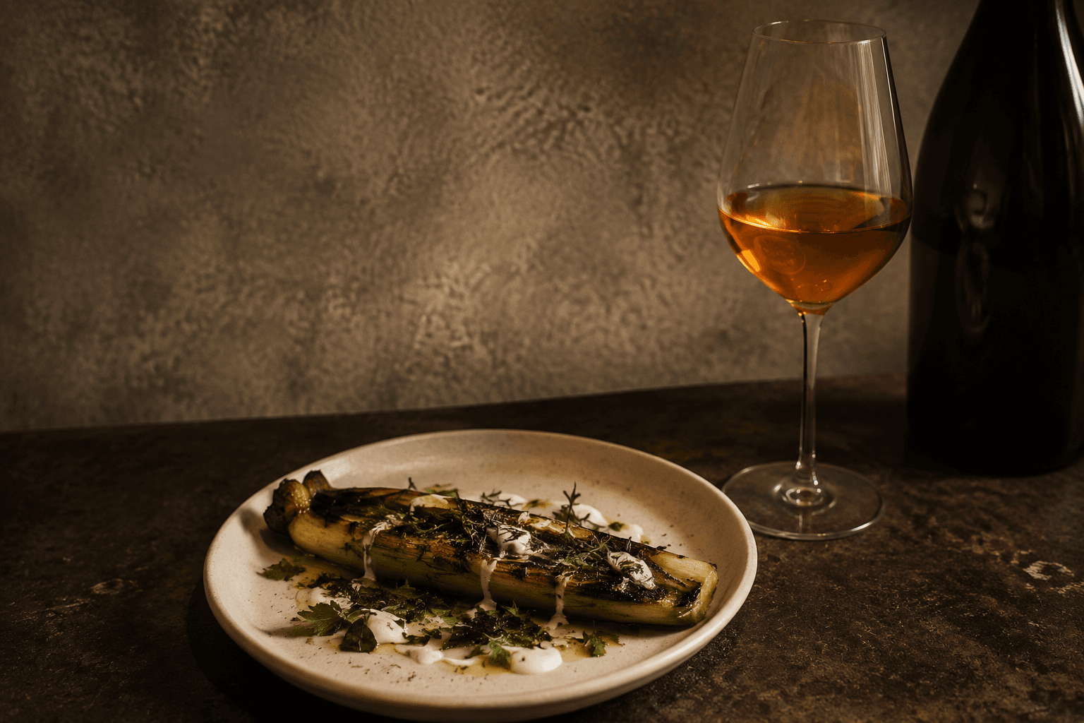 A plate of charred vegetables with herbs and yoghurt beside a glass of amber wine.