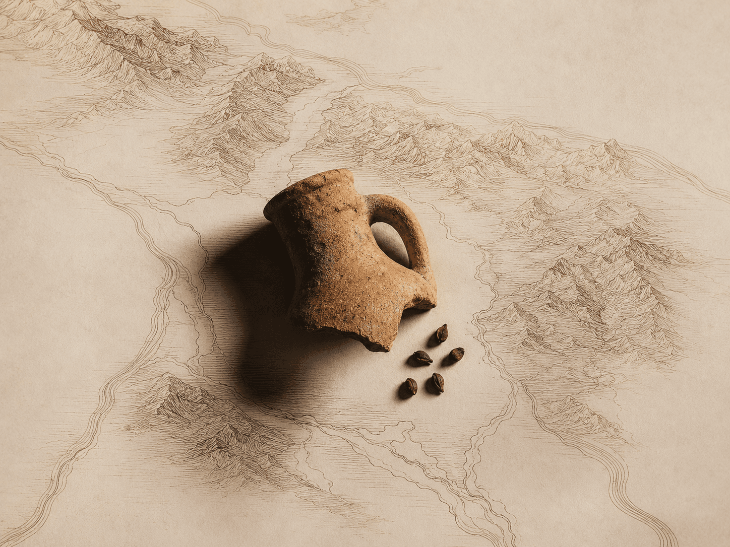 A fragment of a clay vessel and grape pips resting on a drawn map.